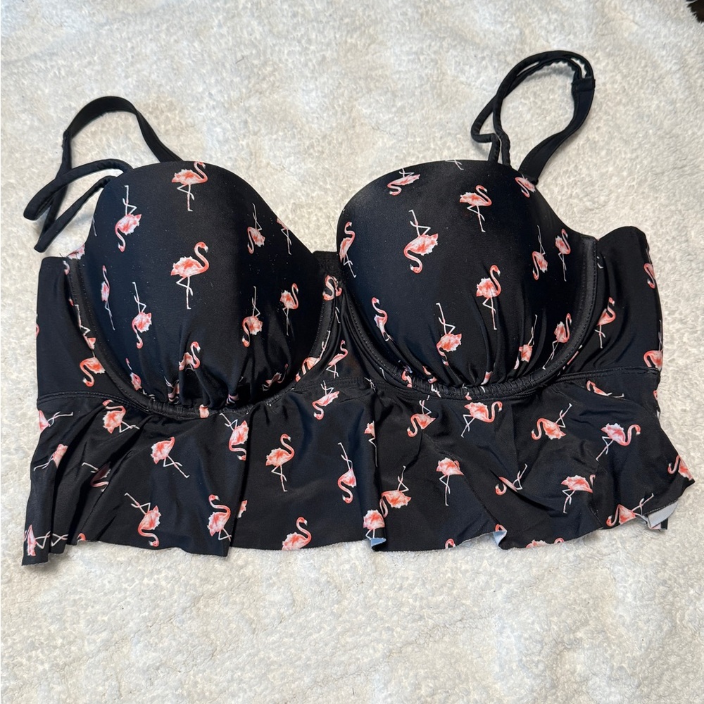 Cacique Black Bikini Top with Flamingo Design